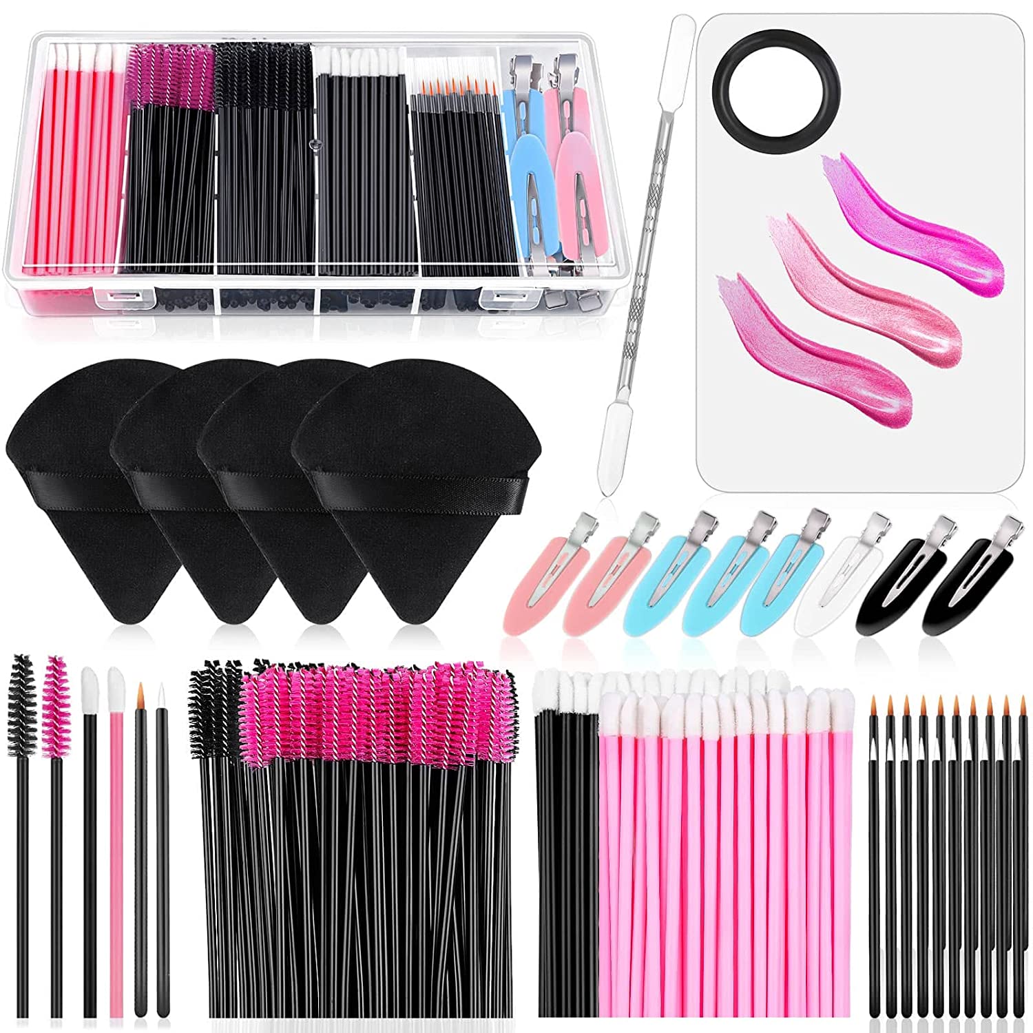 Makeup Beauty Ro - Make-up-Applikatoren-Set, dreieckige Make-up-Puff-Mischpalette, Eyeline-Mascara-Zauberstäbe, Lippenpinsel, Haarspangen,