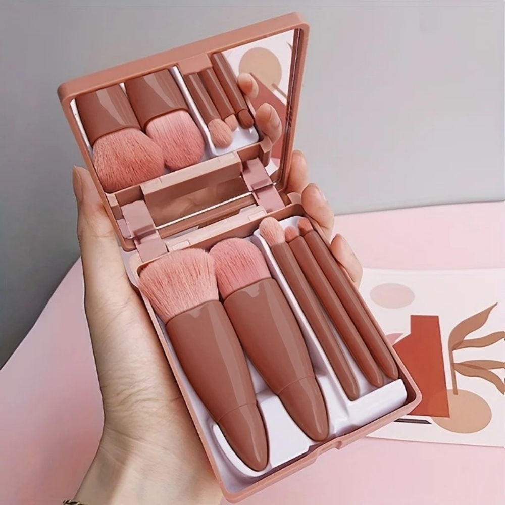Beauty Makeup Kit Box - 5-teiliges tragbares Kosmetikpinsel-Set mit Spiegelbox, Mini-Make-up-Pinsel-Kit,